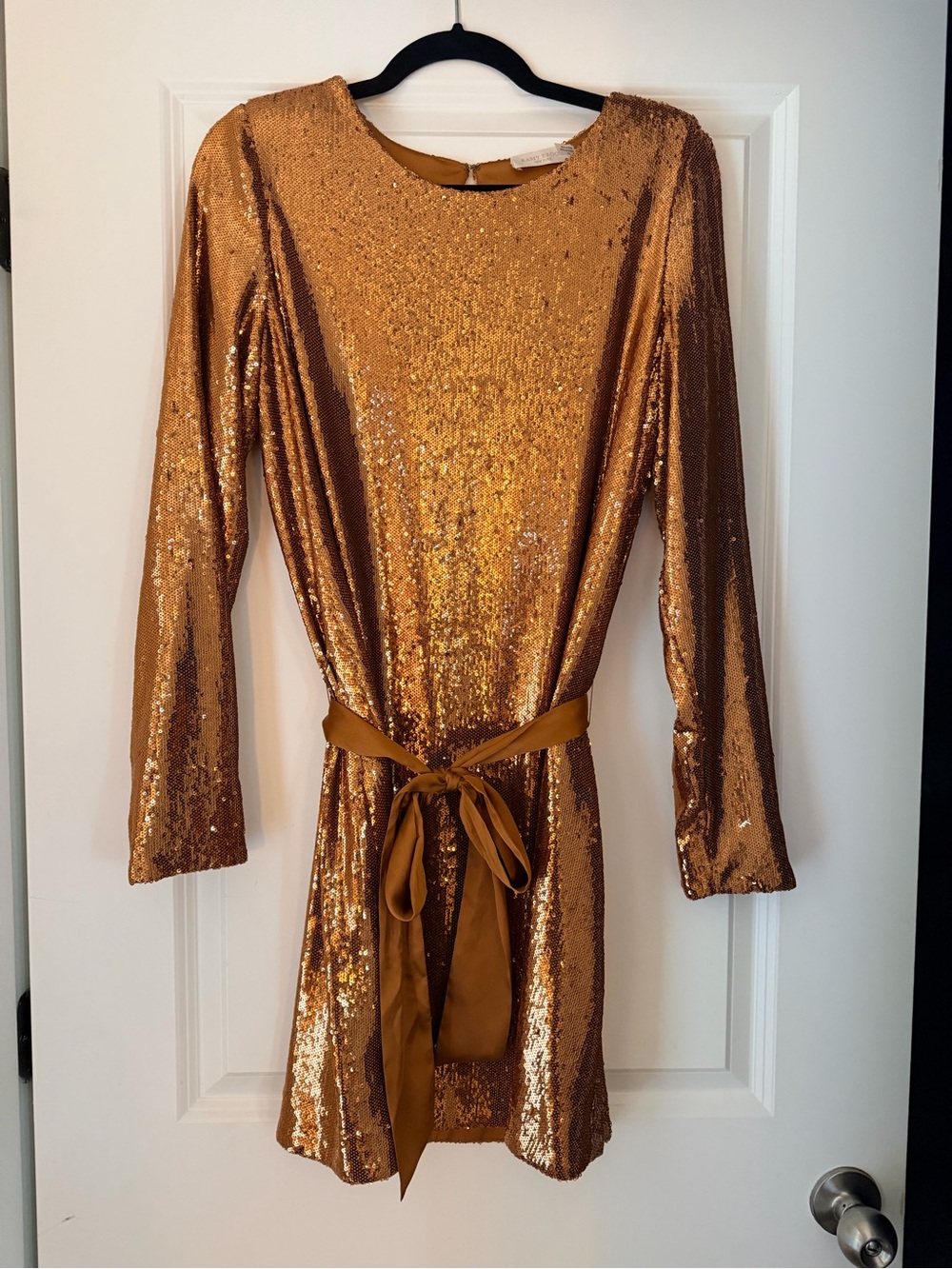 Ramy Brook Gold Sequin Long-Sleeve Mini Dress with Satin Tie